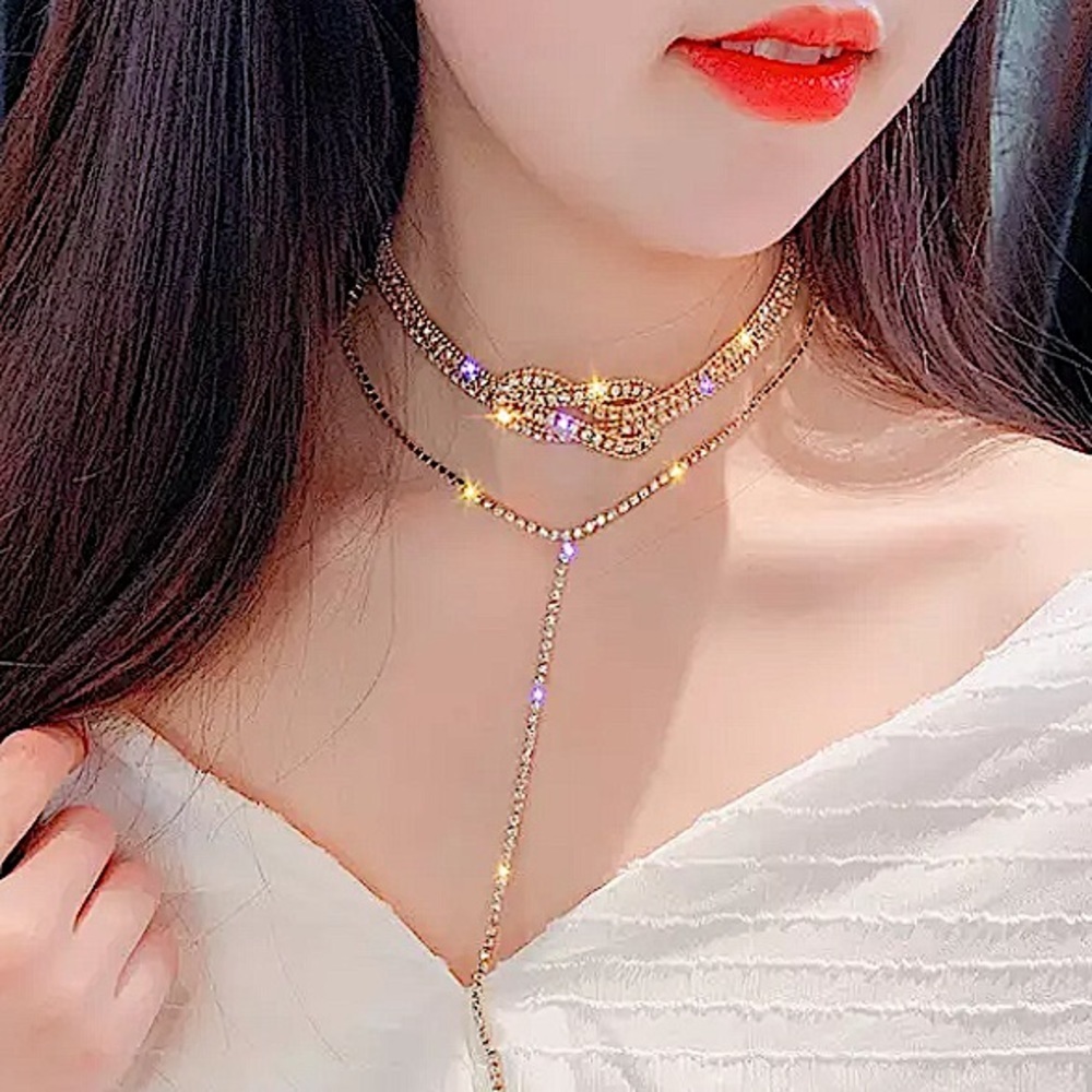 Gold Crystal Twisted Choker Y Lariat Rhinestone Necklace